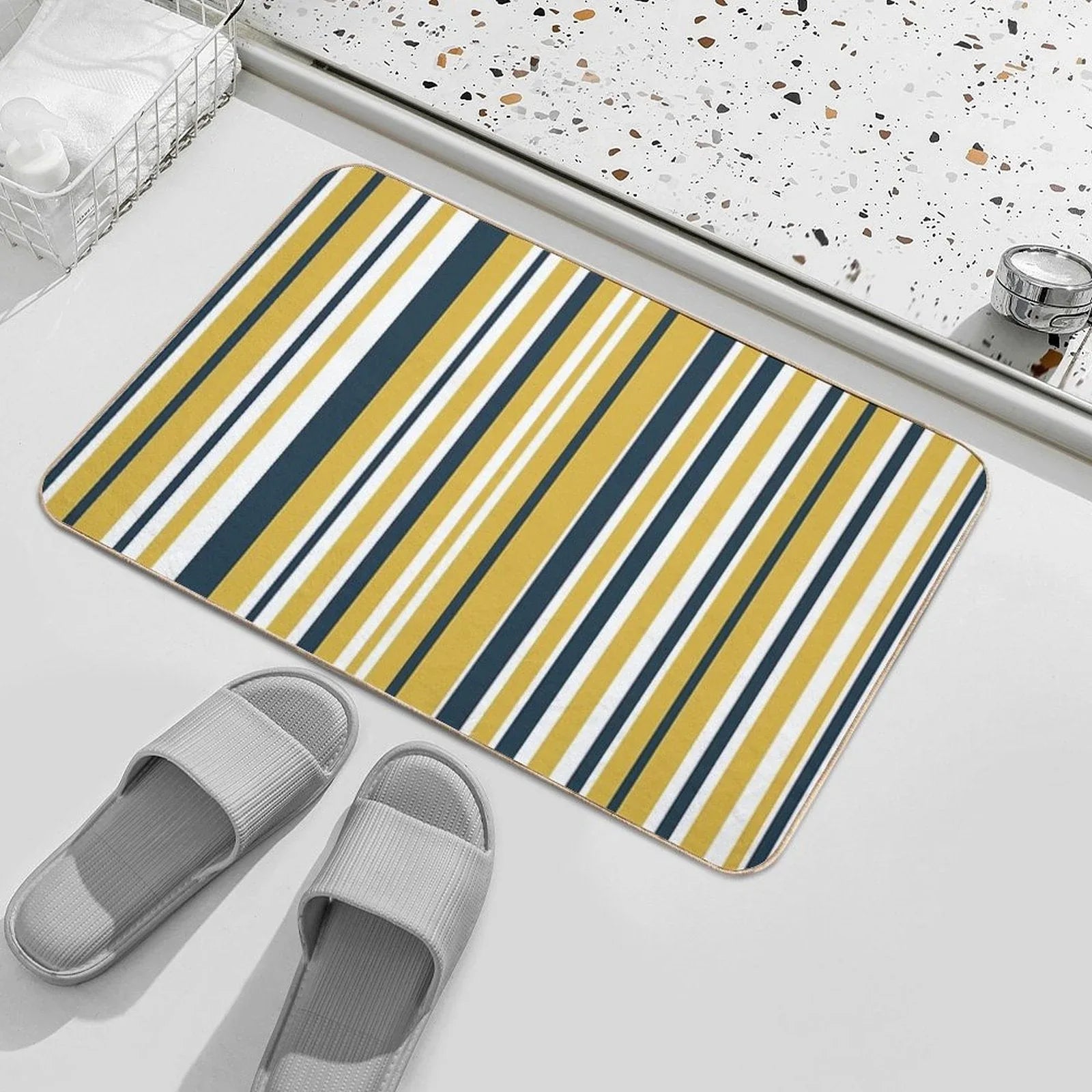 Mustard Yellow Navy Blue And White Stripes Minimalist Color Block Pattern Bath Mat