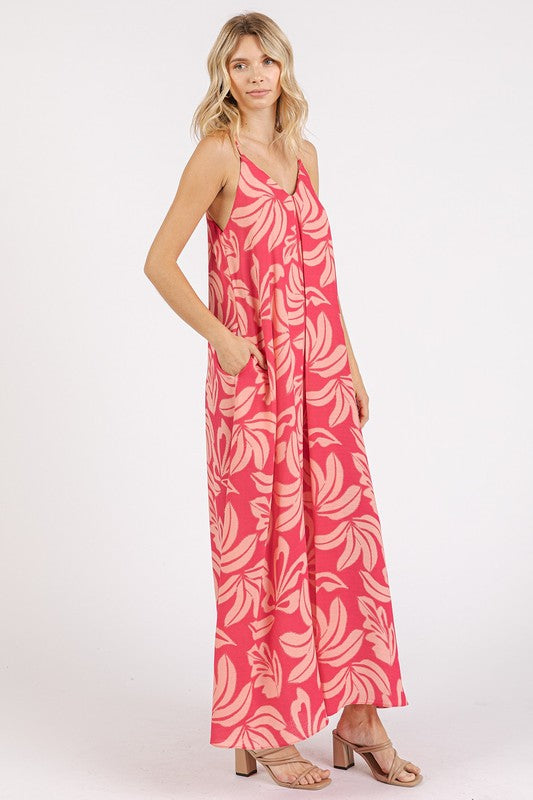 New Summer Printed V-Neck Maxi Cami Dress with Pockets – Chic and Functional Flattering Dress with Ruched Details