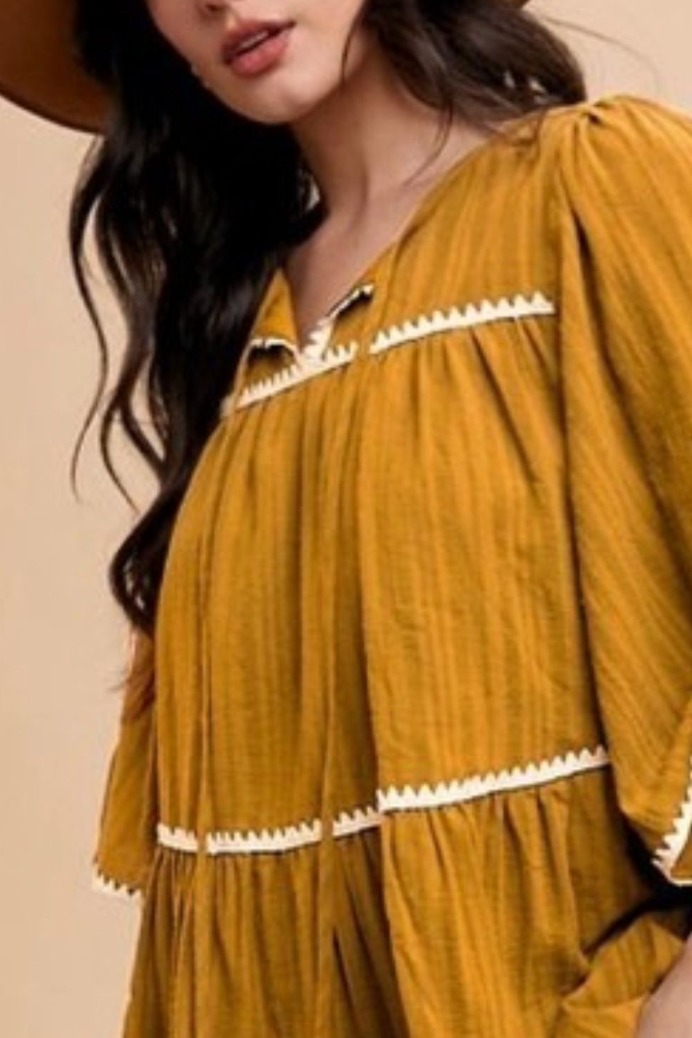 Tassel Contrast Trim Tie Neck Half Sleeve Tiered Dress For Women – Bohemian Inspired Tiered Dress with Tassel Accents and Contrast Trim for a Playful Look