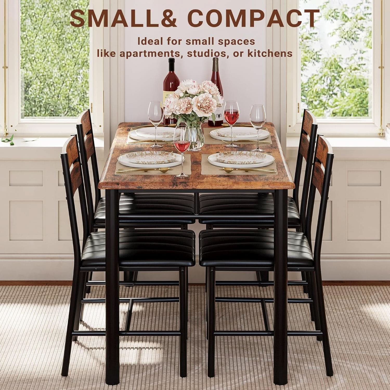 Dining Table Set For 4 Wood Kitchen Table With Upholstered Chairs Rustic Brown