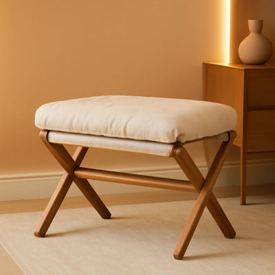 Bamboo Foldable Ottoman Foot Rest Beige Upholstered
