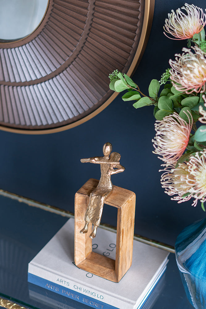 Musician Figure Sculpture with Mango Wood Base Decorative Tabletop Accent