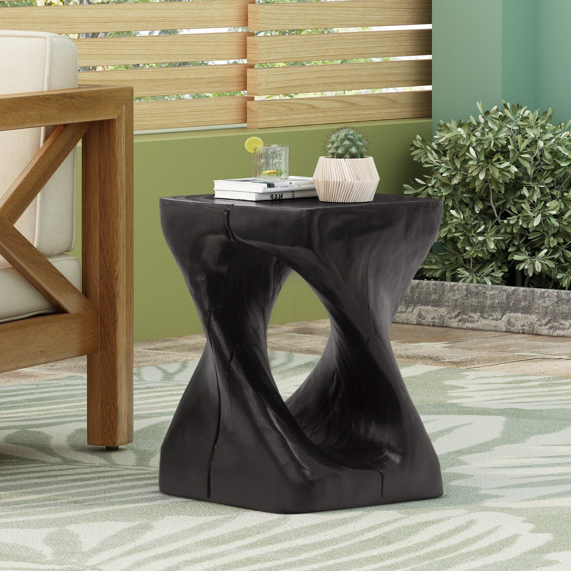 Twist Shape Side Table Wood-like Texture in Black