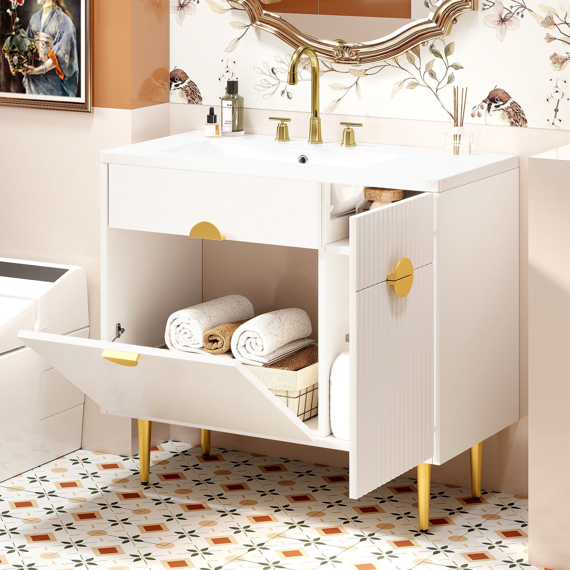 36' Bathroom Vanity with Resin Basin Sink, Modern Bathroom Sink Cabinet, Storage Cabinet with Soft-Closing Door and Drop-Down Door