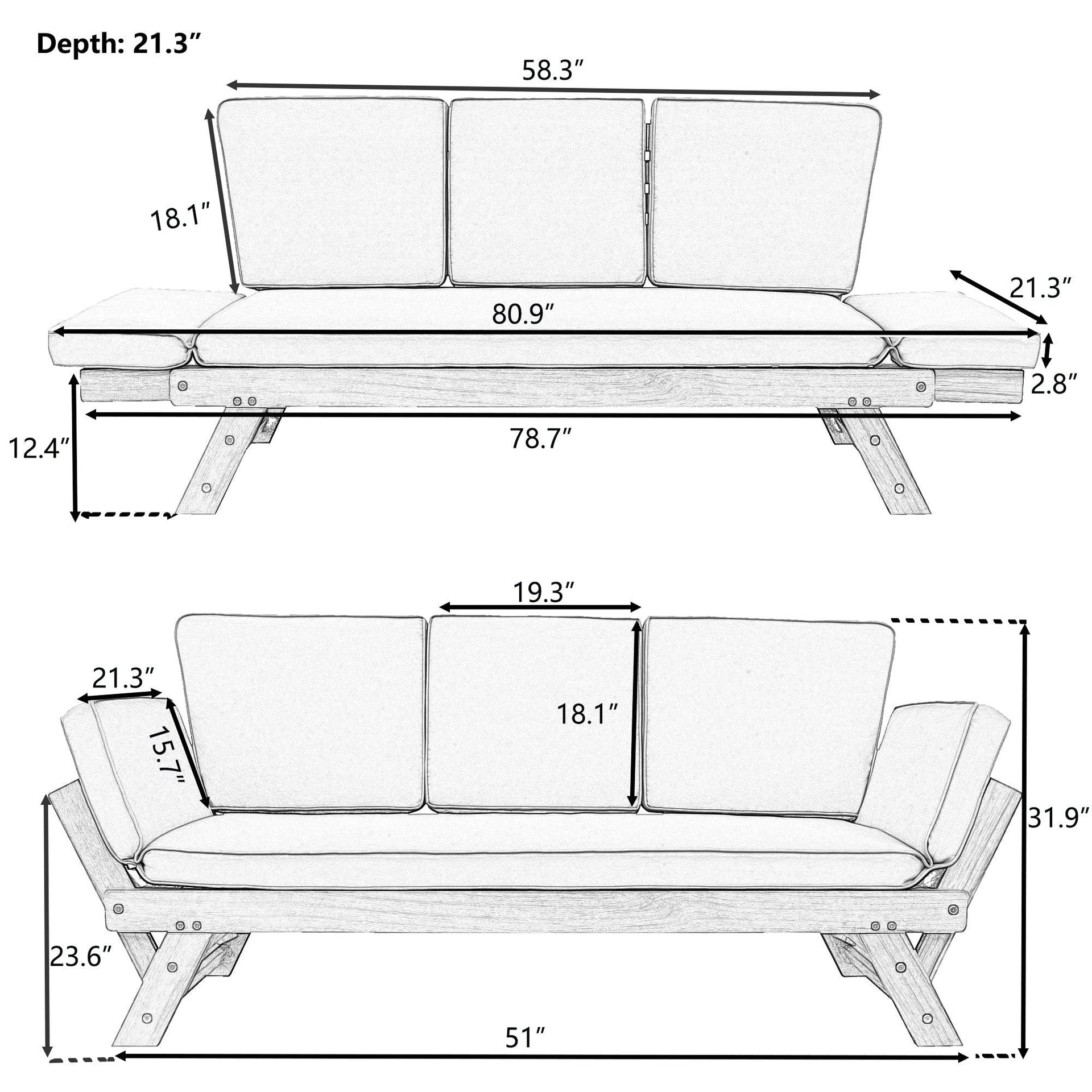 Outdoor Adjustable Patio Wooden Daybed Sofa