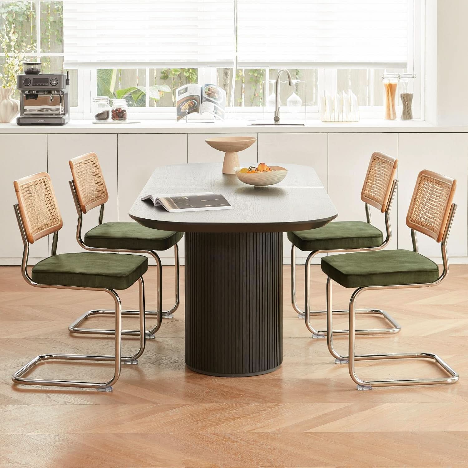 Green Rattan Dining Chairs FourPiece ChromeFinish Set