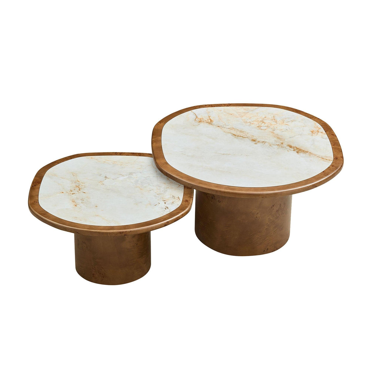 Set of 2 Walnut Burl Wood Nesting Coffee Table Set with Sintered Stone Top