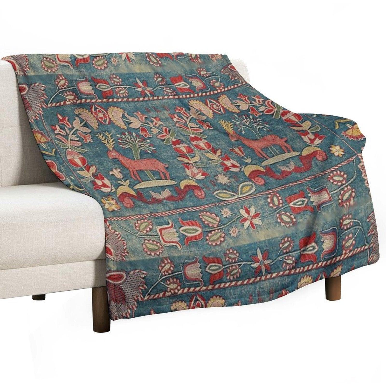 ANTIQUE  RED BLUE SWEDISH TAPESTRY WITH DEERS AND FLOWERS Throw Blanket