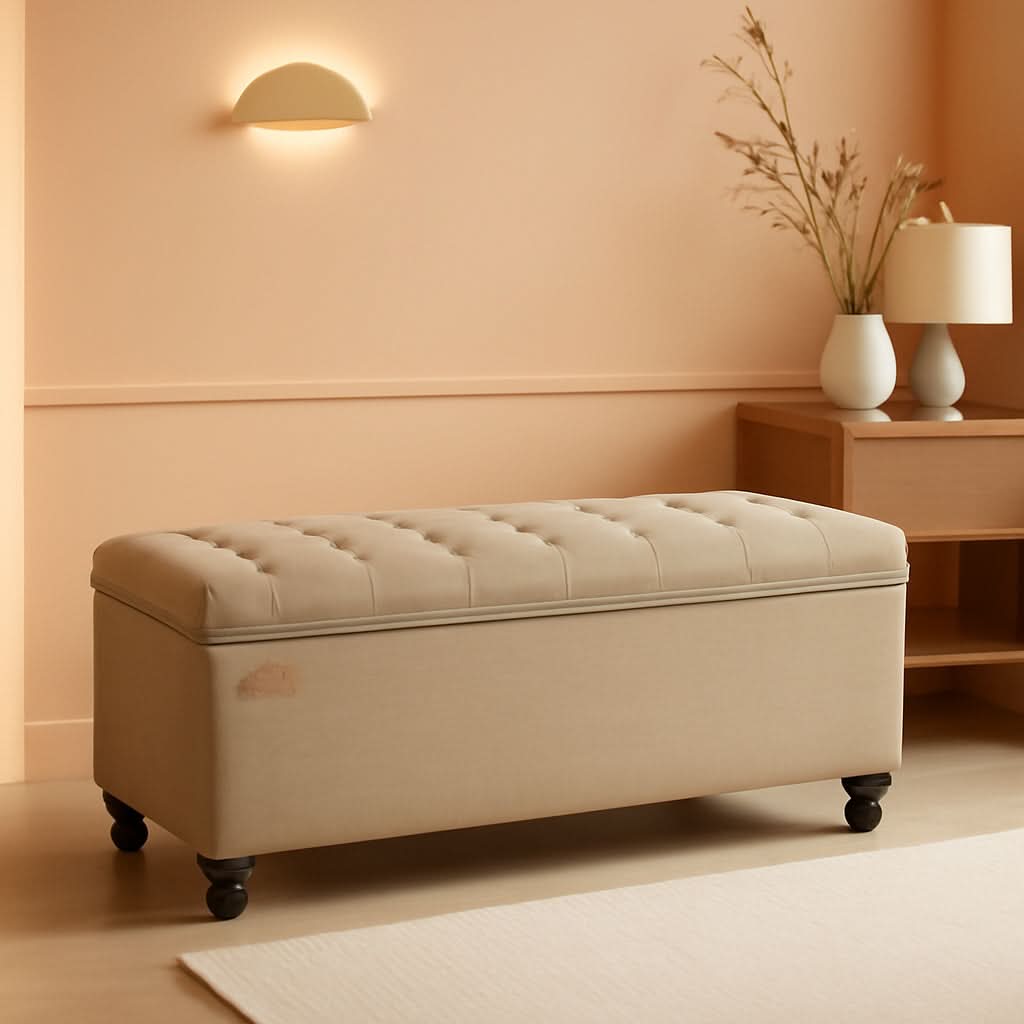 Camel Brown Linen Storage Ottoman Bench Reinforced