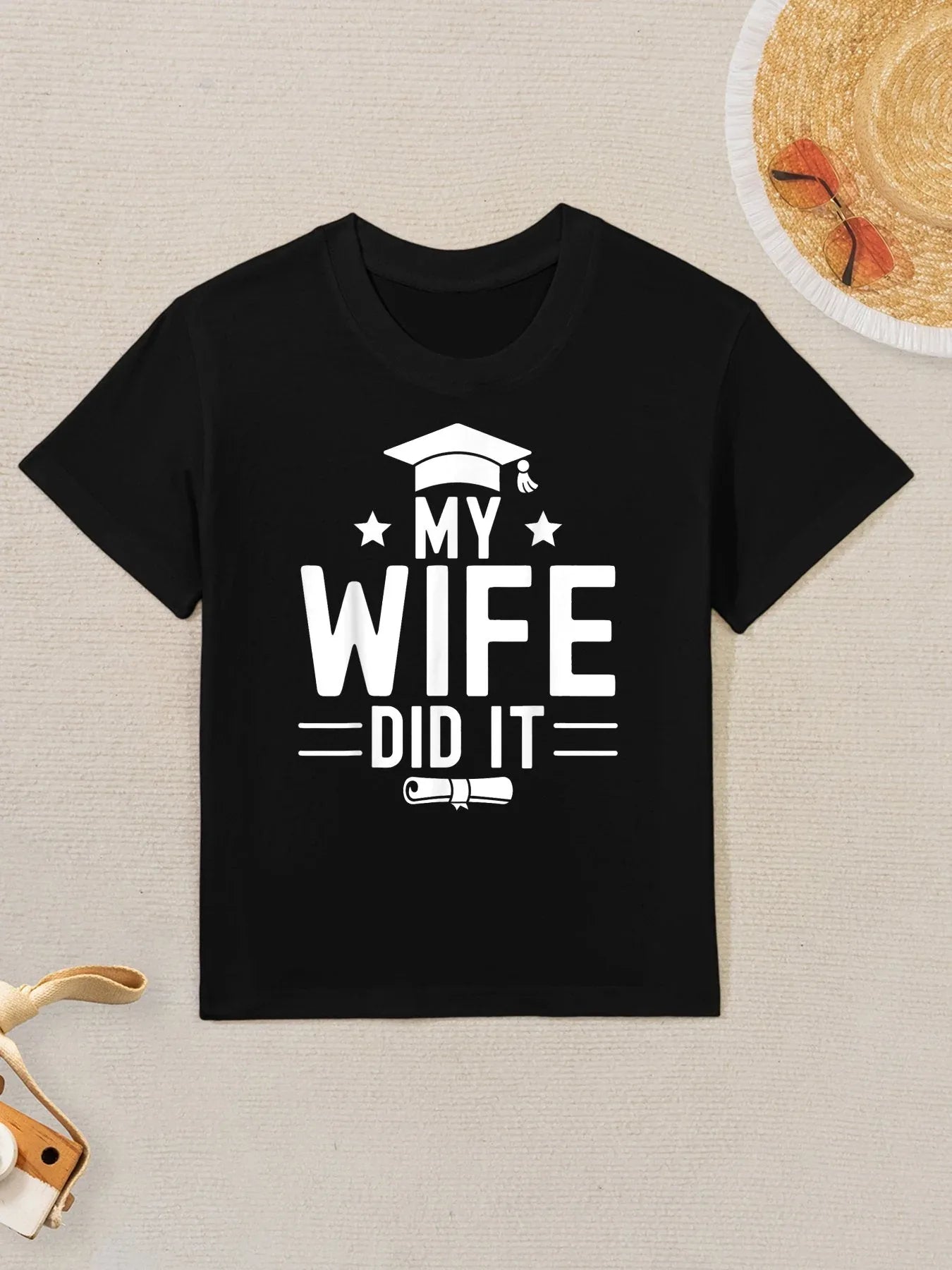 Funny Proud Bachelor Grad Graduation Education My Wife Did It Women's Black Small Modern Letter Print Kids T-Shirt