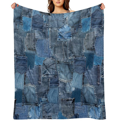 Photograph of Blue Denim Jeans Pocket Patchwork ONLY - Not Real Plush Throw Blanket