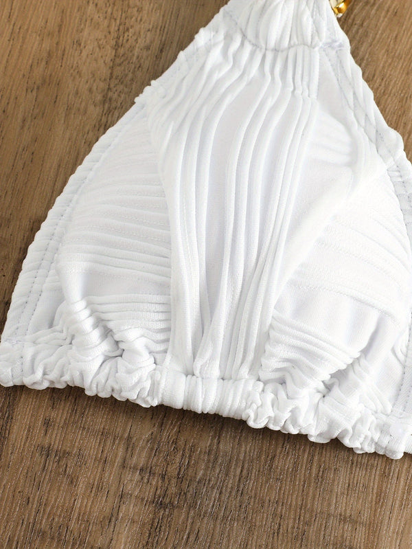 Bikini Ruched Texture Golden Chain 2 Piece Triangle Swimsuit for Women – Striped Halter Bikini Set with Bow Tie Side and Elegant Ring Link Detail – Stretchy Beachwear for Pool Bathing and Summer Vacations