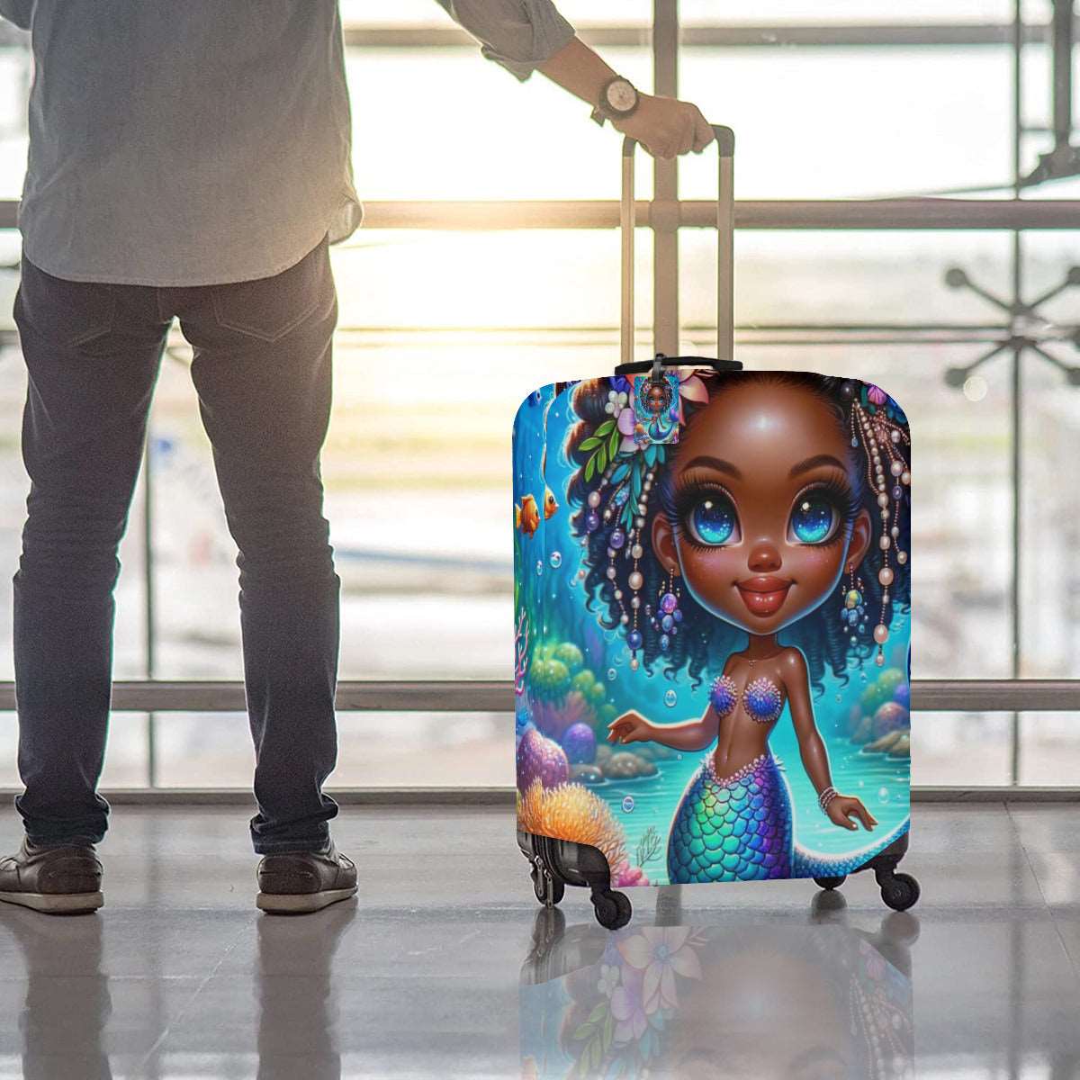 Custom African American Girl Little Mermaid Luggage Cover & Luggage Tag, Luggage Set