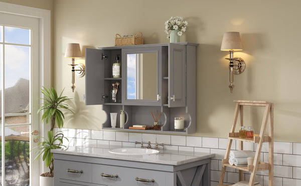 Wall Mounted Bathroom Medicine Cabinet with Mirror and Open Shelves, Modern