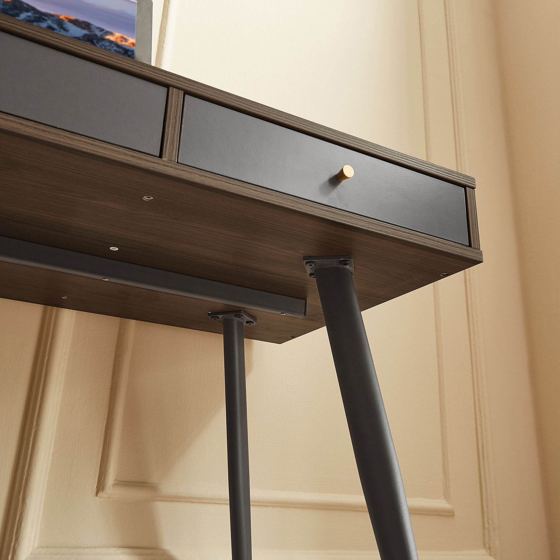 Mid Century Desk , Modern Writing Study Desk with Drawers, Multifunctional Home Office Computer Desk Walnut+Dark Grey