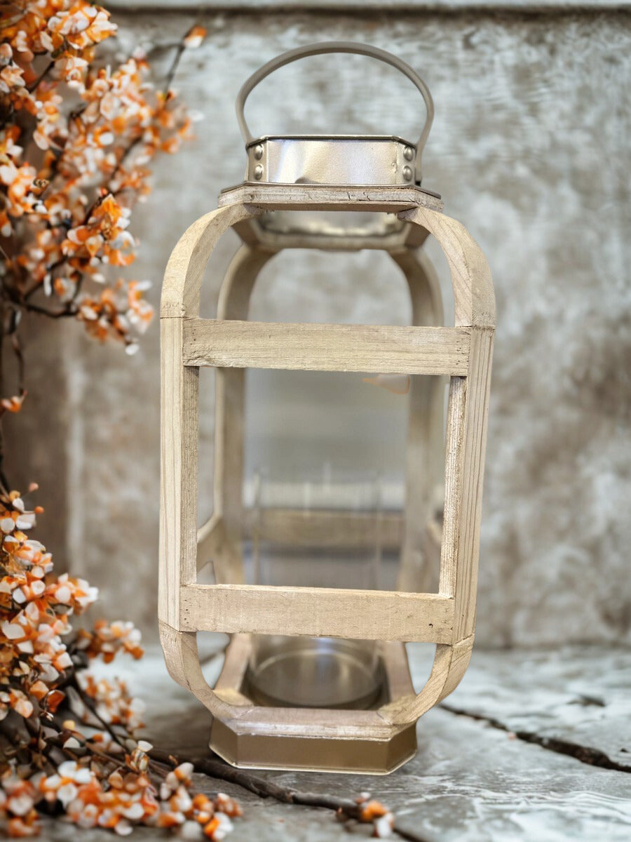 WOOD WITH METAL WHITE LANTERN CANDLE HOLDER