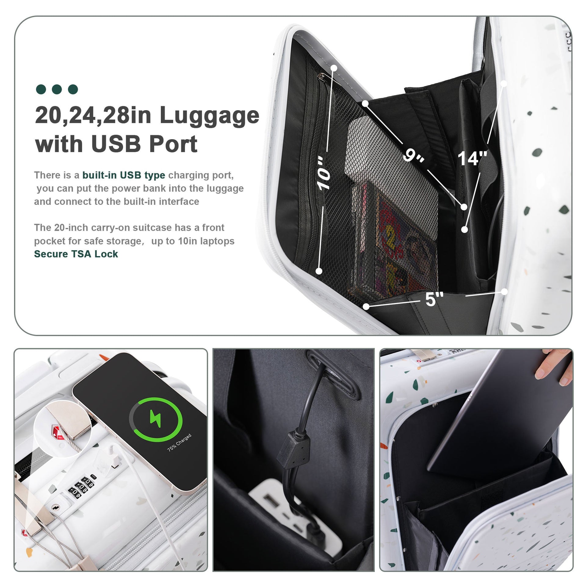 Luggage Set of 3, 20, 24, 28inch with USB Port, 20, 24inch with front opening design Airline Certified Carry on Luggage with Cup Holder, ABS+PC Hard Shell Luggage with Spinner Wheels, starry sky white