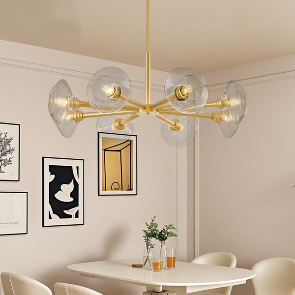 Modern Gold 8-Light Sputnik Chandelier with Clear Glass Shades, Mid-Century Hanging Pendant Light Fixture for Dining Room, Living Room, or Kitchen (Bulb Not Included)