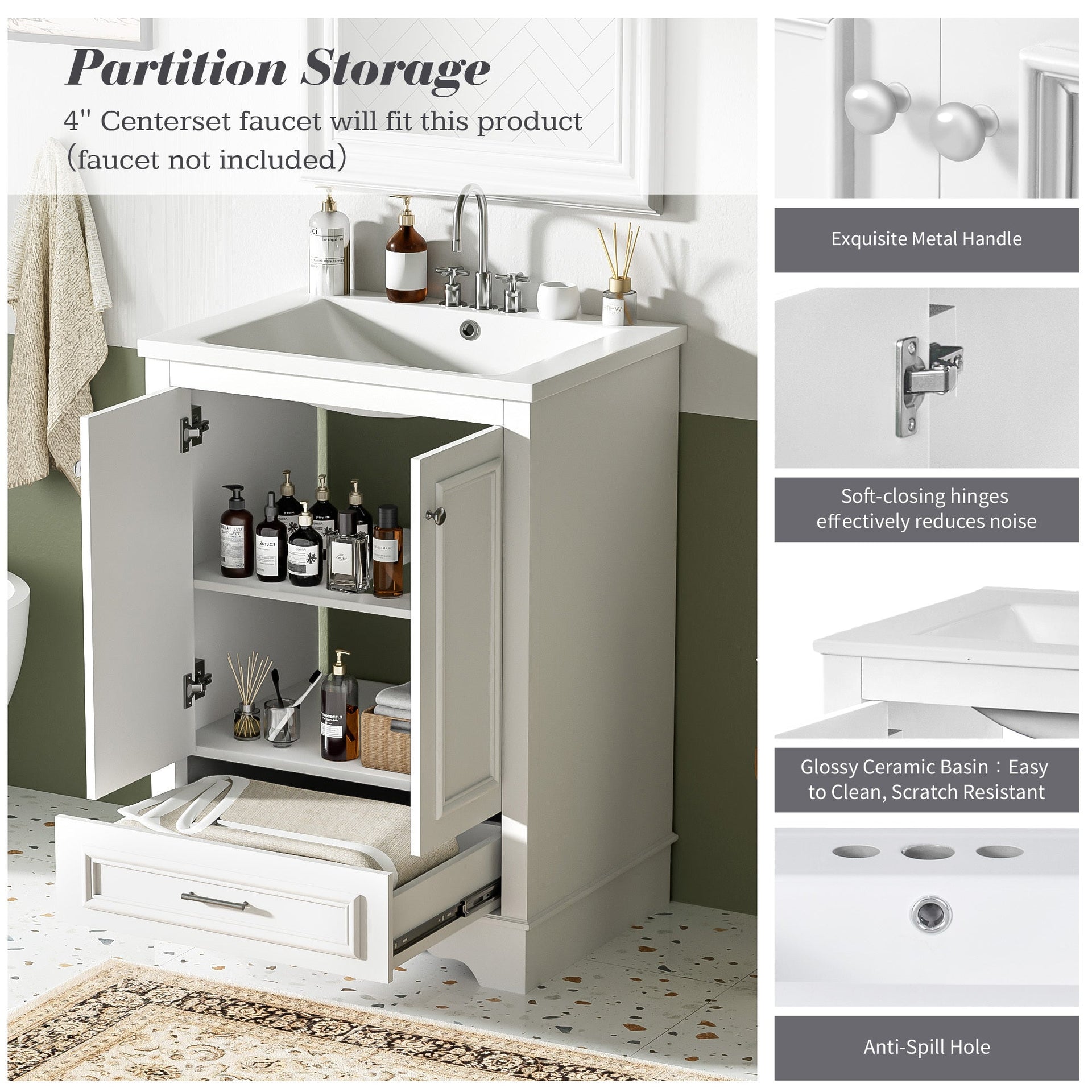 Bathroom Vanity with Ceramic Sink and Modern Freestanding Storage Cabinet, Soft-Close Doors