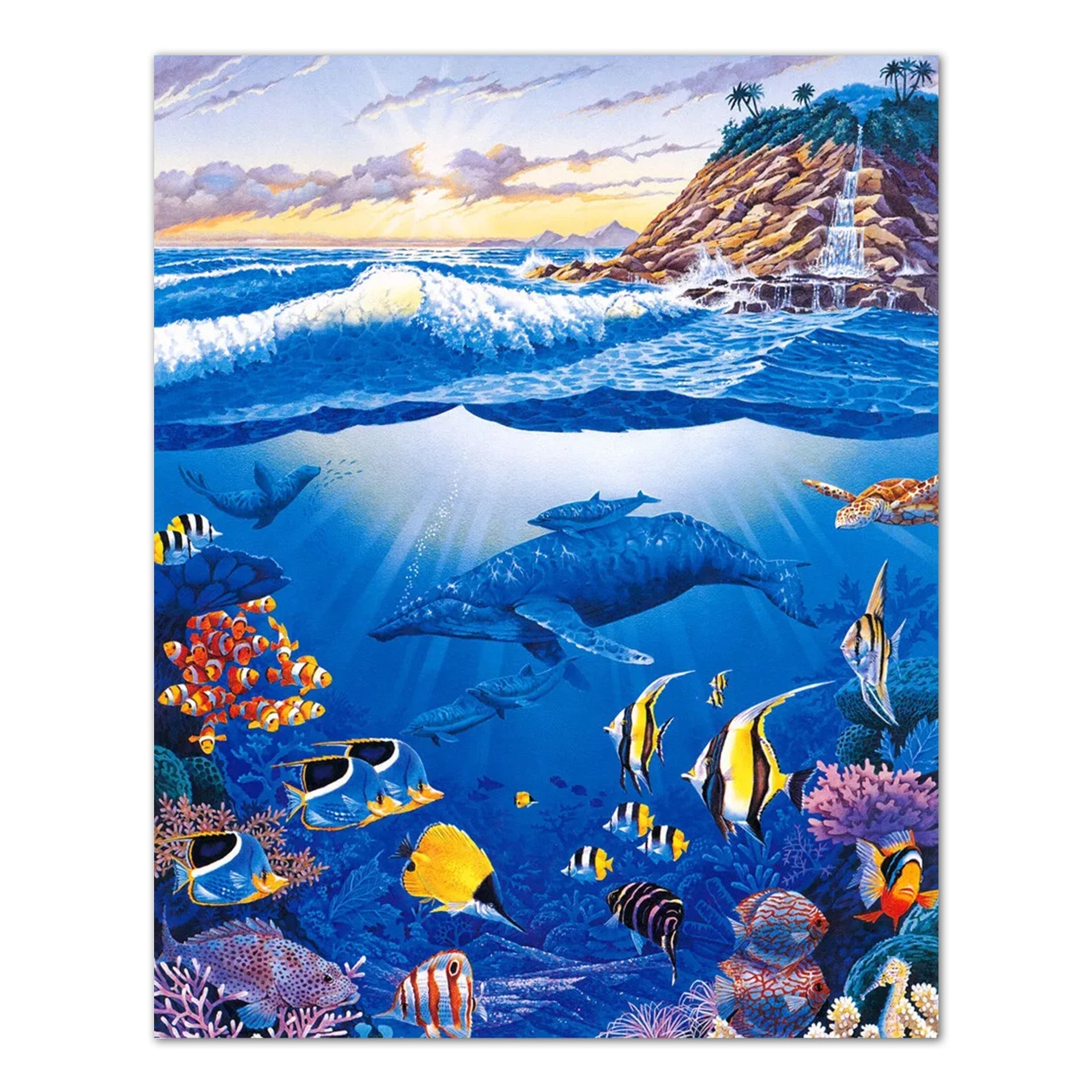 Ocean Fish Wall Art – Waterfall Paradise 8x10 Art Print With Whale & Sea Turtle