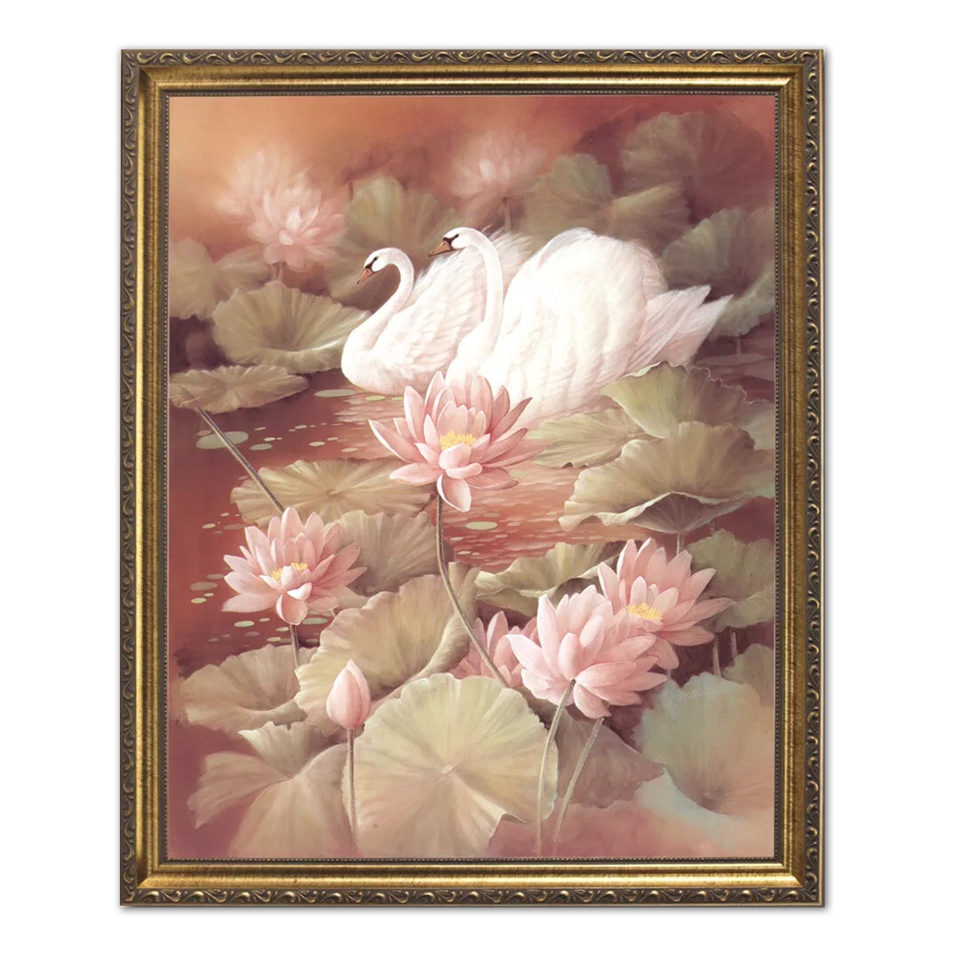 Swans On Pond Print – Exotic Bird Art With Black Frame For Outdoor Wall Decor