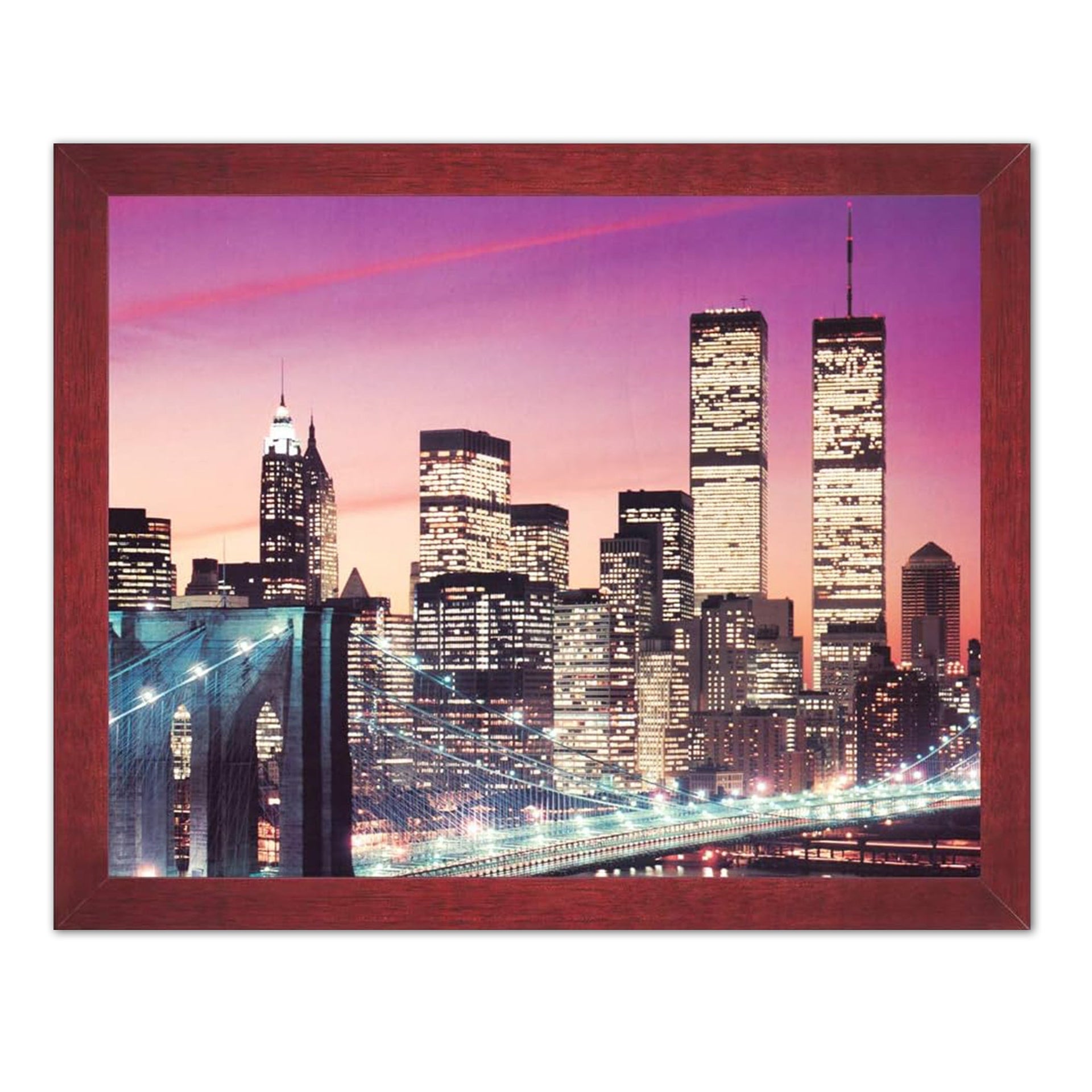 Twin Towers Art Print – Framed Wall Art 16x20 with Brooklyn Bridge & Cherry Wood Frame