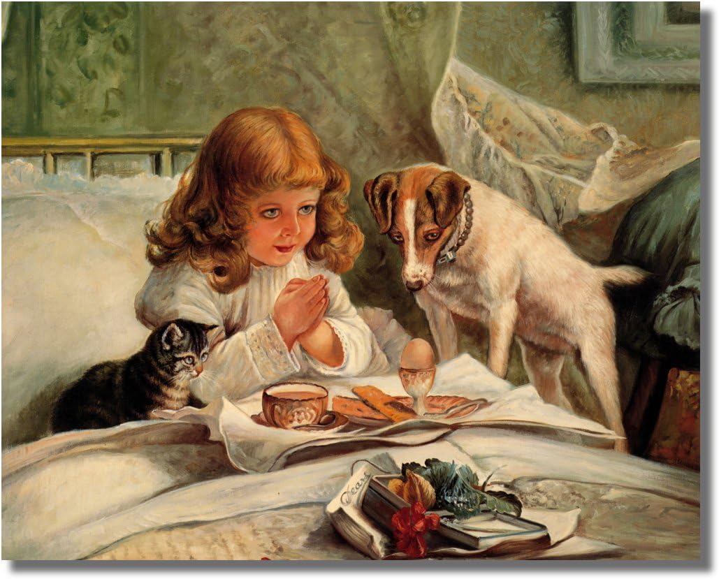 Religious Wall Art - Little Girl Praying with Dog and Cat | 8x10 Unframed Art Print