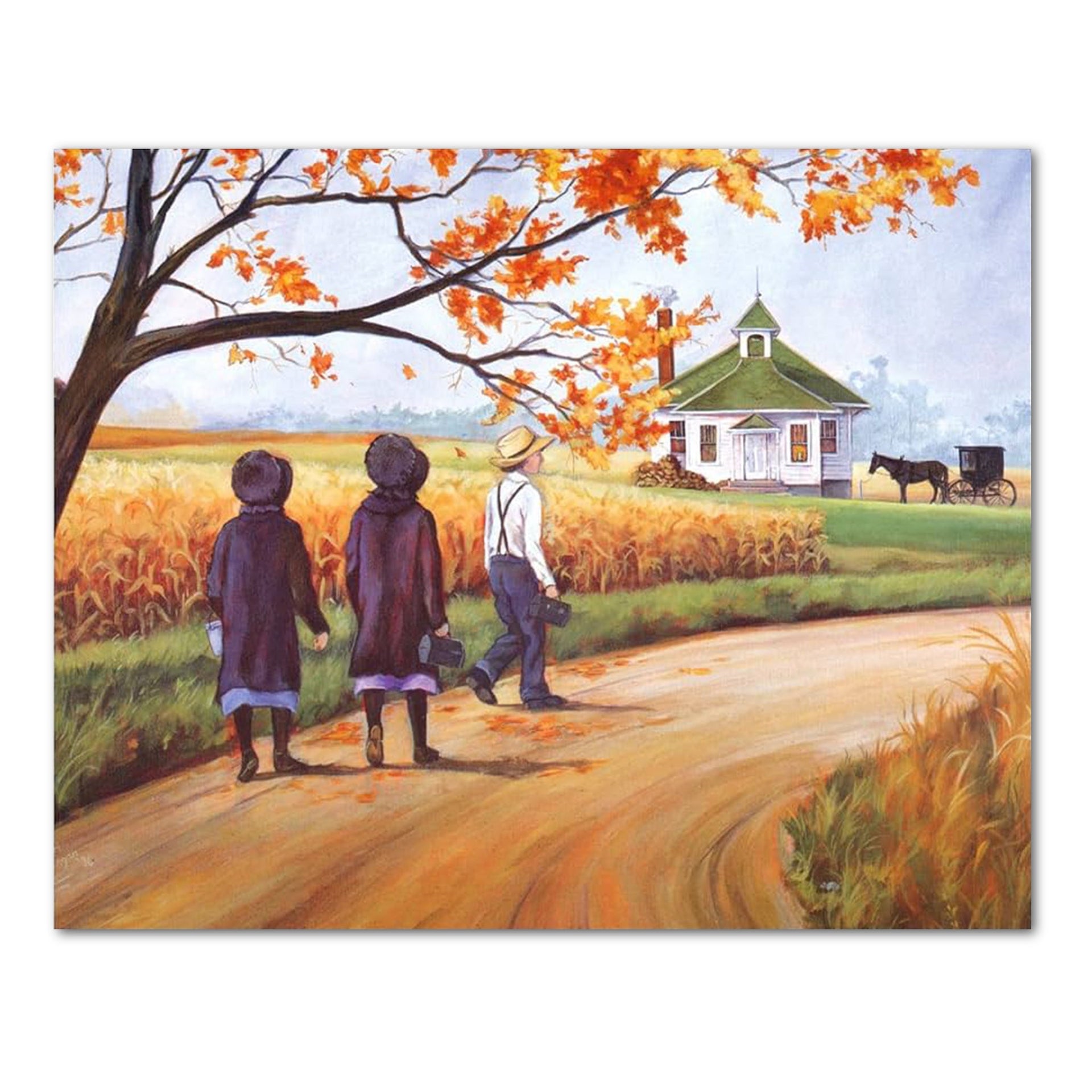 Amish Horse Buggy Art – 16x20 Unframed Wall Print Featuring Girls & Schoolhouse Scene