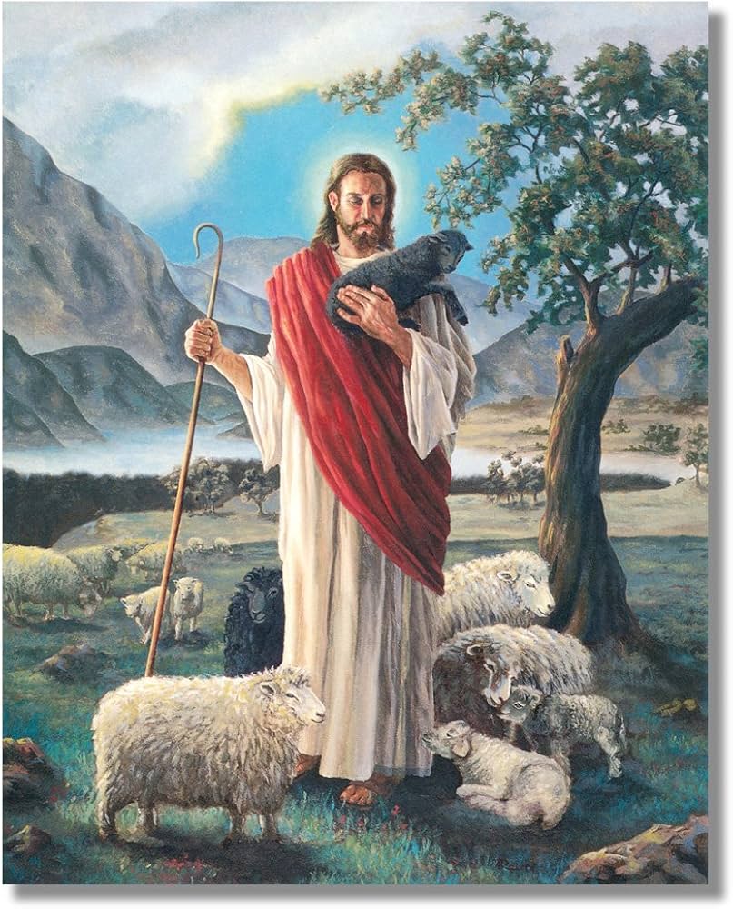 Jesus Christ Religious Print - 8x10 Christian Art Print | Shepherd With Lambs Wall Decor