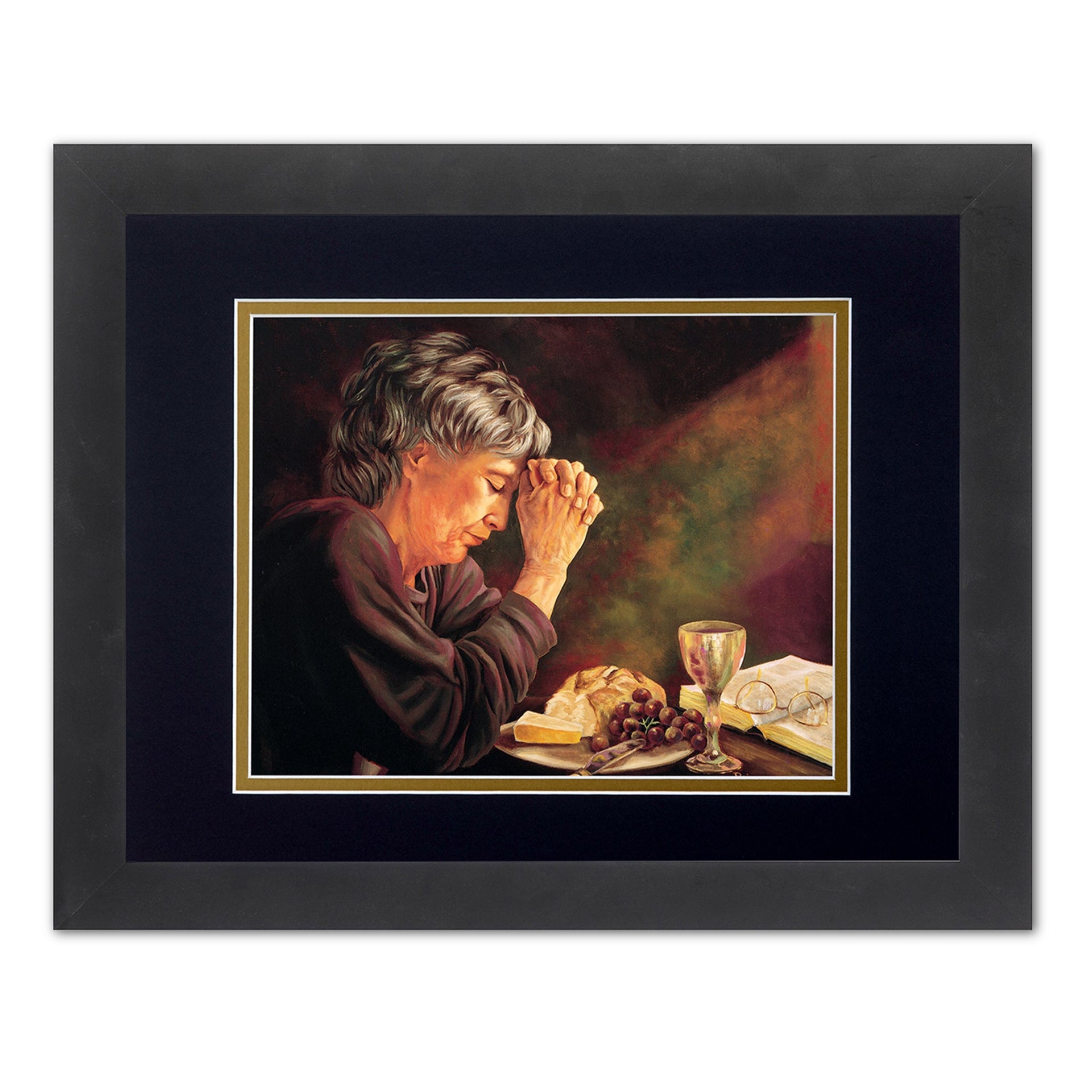 Religious Wall Art - Lady Praying Grace Dinner Table Framed Print 13x16 Black Gold Mat