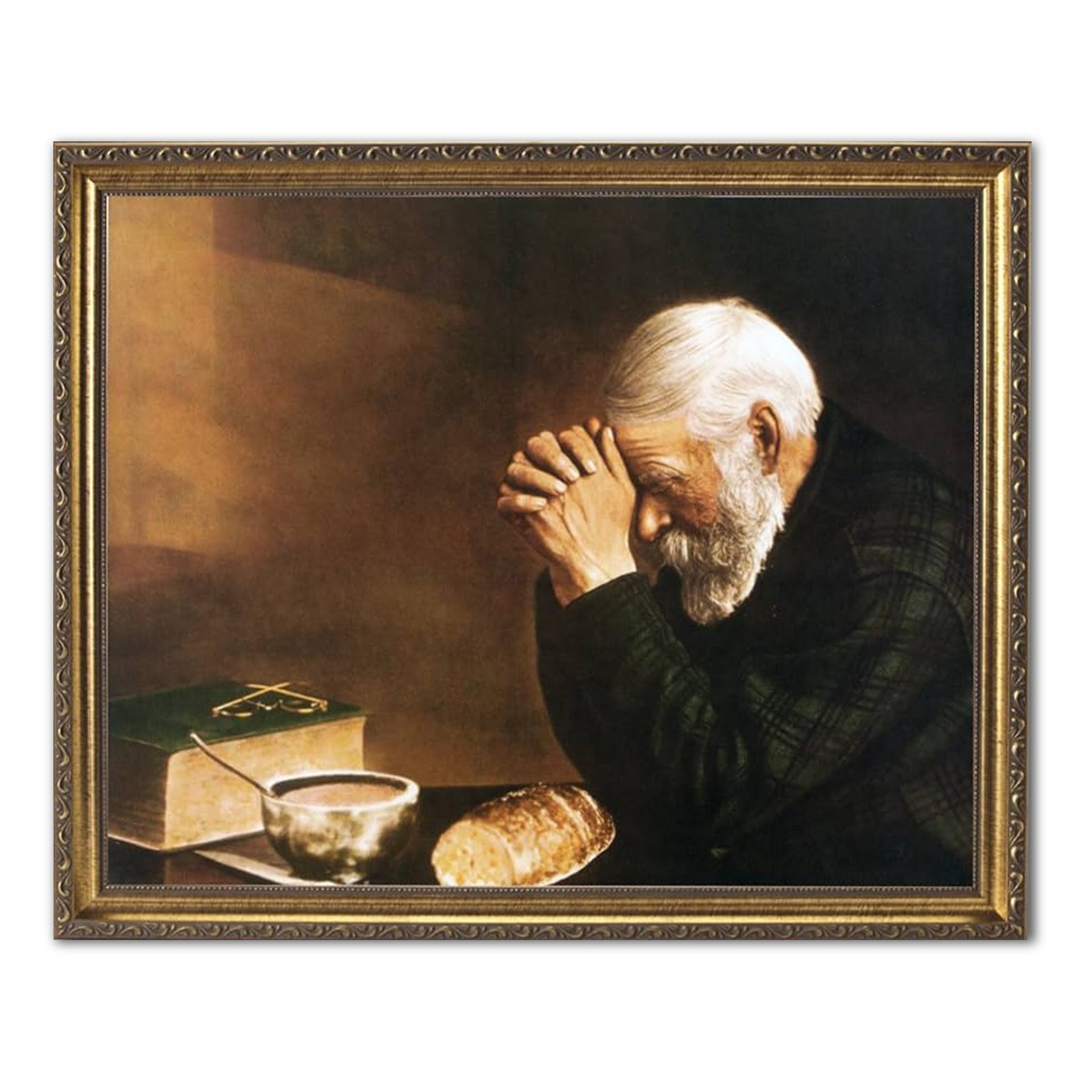 Man Praying Print – Framed Religious Art 16x20 Gold Frame Dinner Table Wall Decor