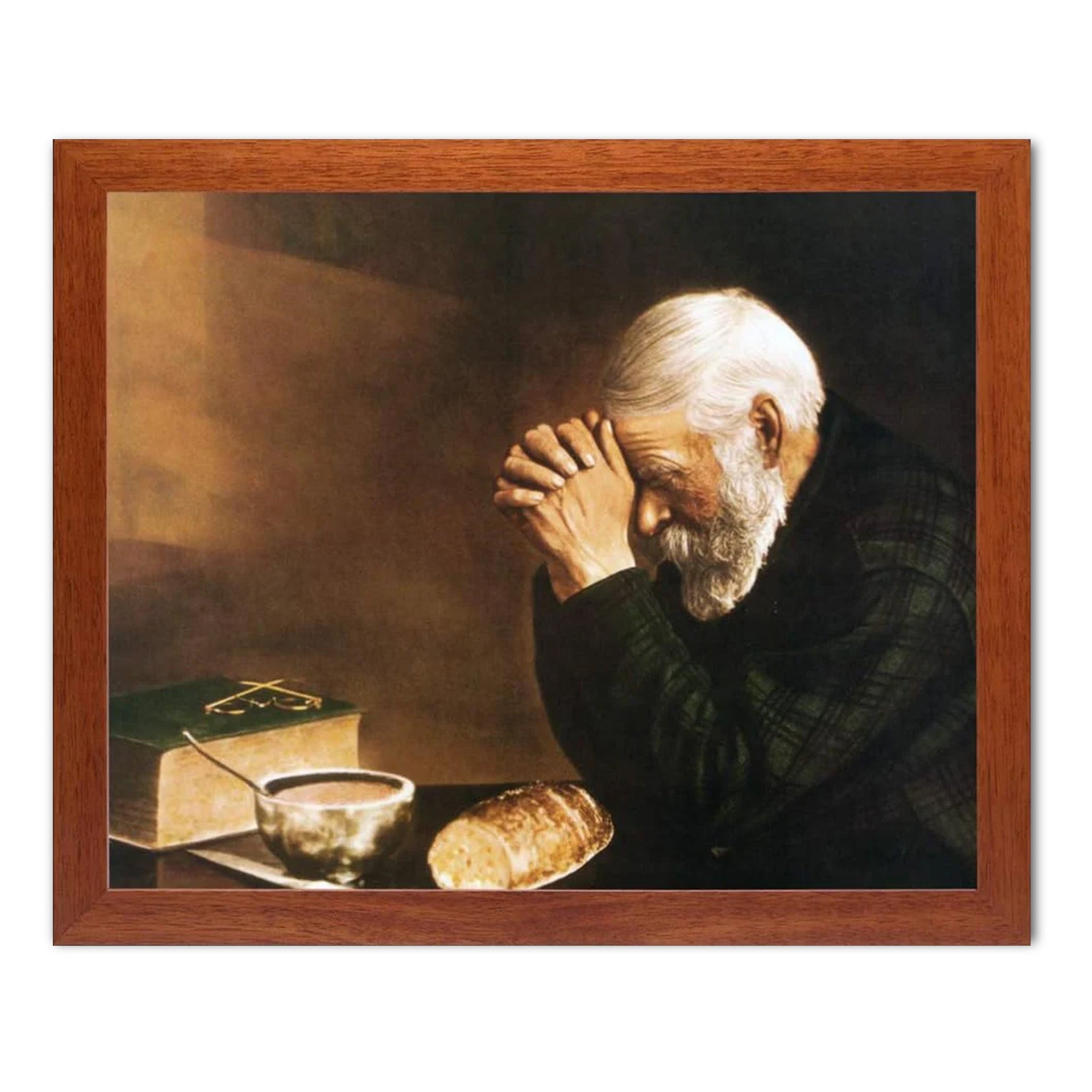 Religious Art Print Featuring Man Praying | Nostalgic Faith Art with Honey Frame Glass 16x20