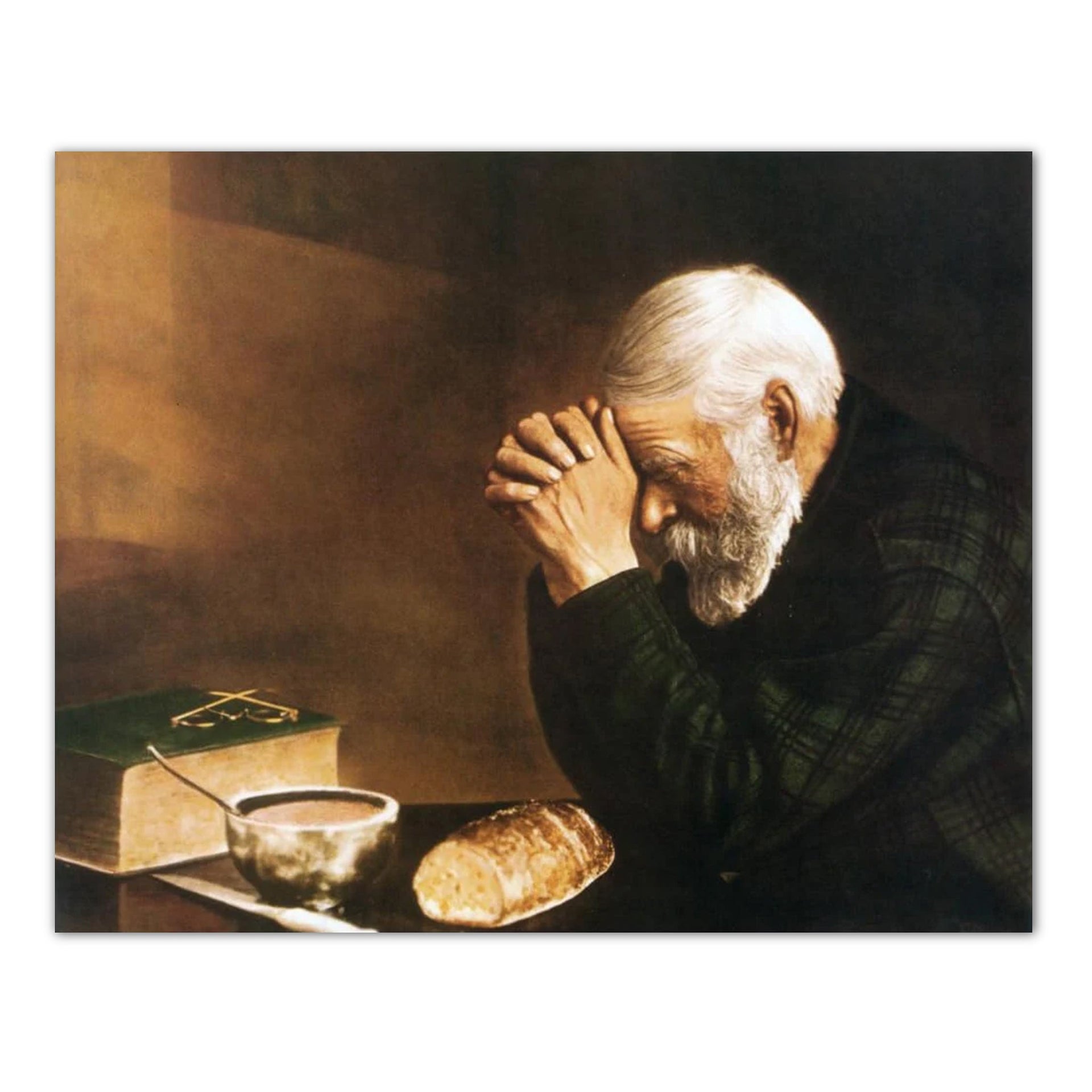 Religious Art Print - Daily Bread Man Praying at Dinner Table, 16x20 Framed