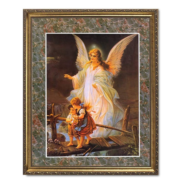 Religious Art Print – Guardian Angel Watching Over Children | Framed Gold Frame 8x10