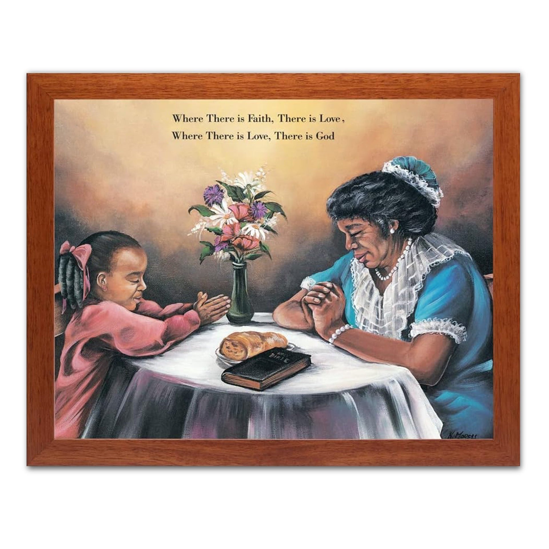 African American Prayer Art - Black Grandmother Praying Dinner Table Print 16x20 Honey Frame