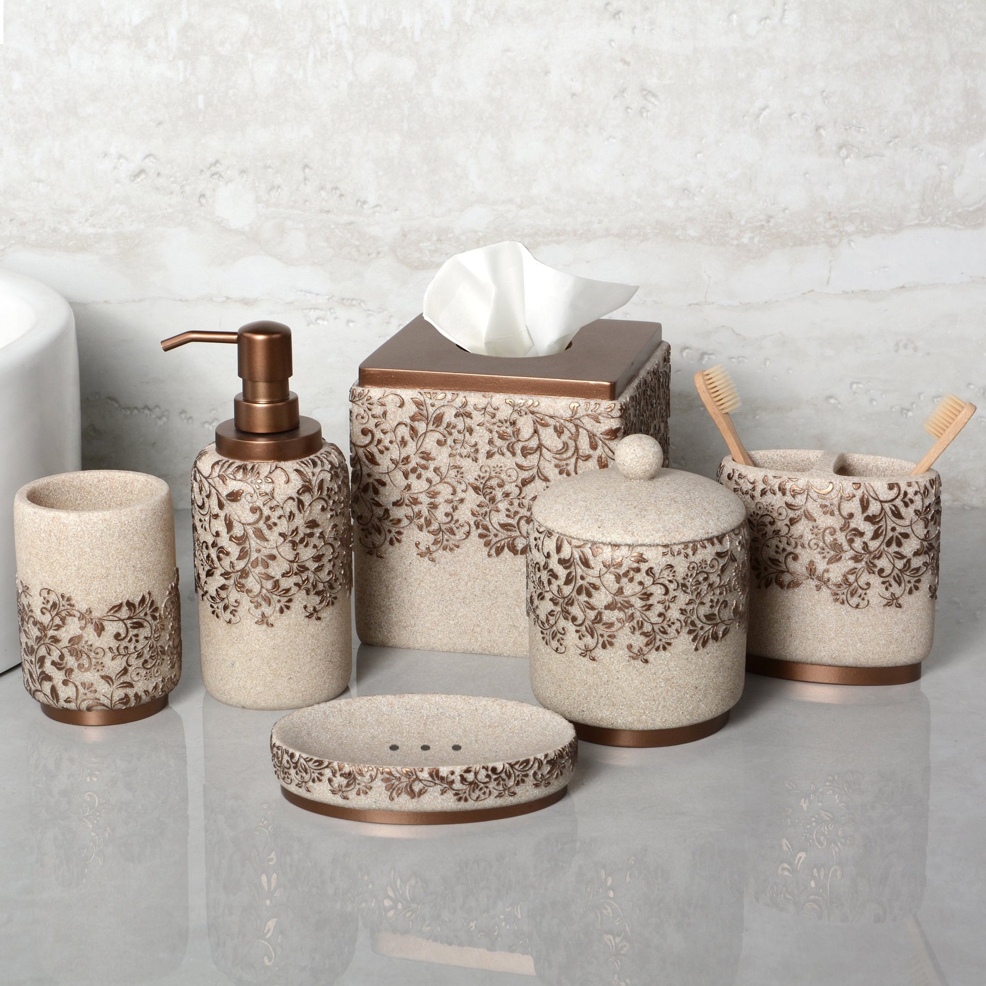 The Beige Stella Collection – Elegant Modern Bathroom Décor Accessories Set of 6 Decozen