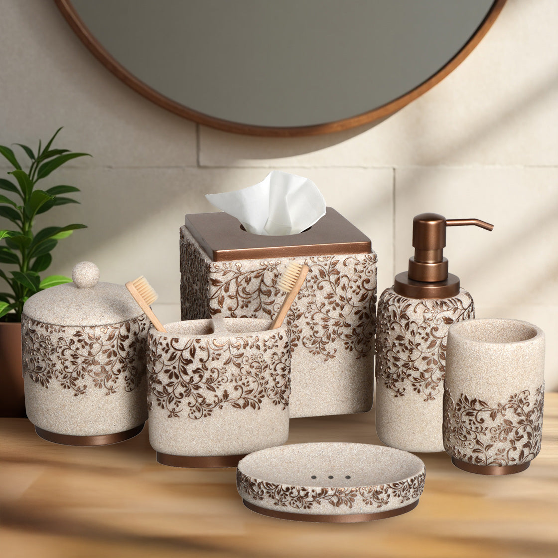 The Beige Stella Collection – Elegant Modern Bathroom Décor Accessories Set of 6 Decozen