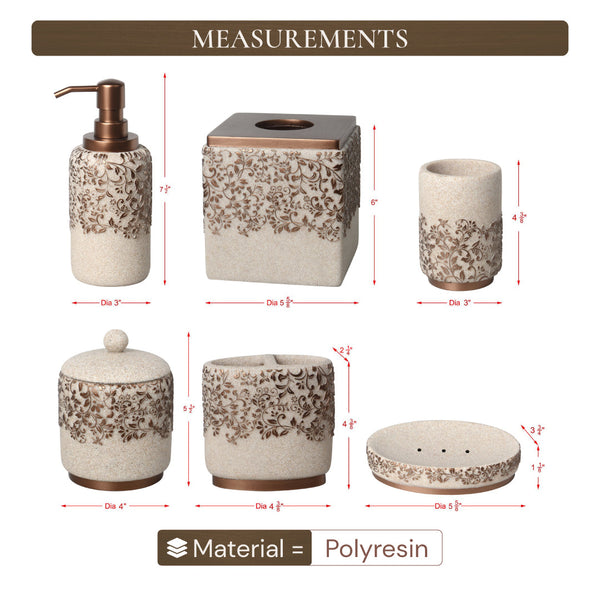 The Beige Stella Collection – Elegant Modern Bathroom Décor Accessories Set of 6 Decozen