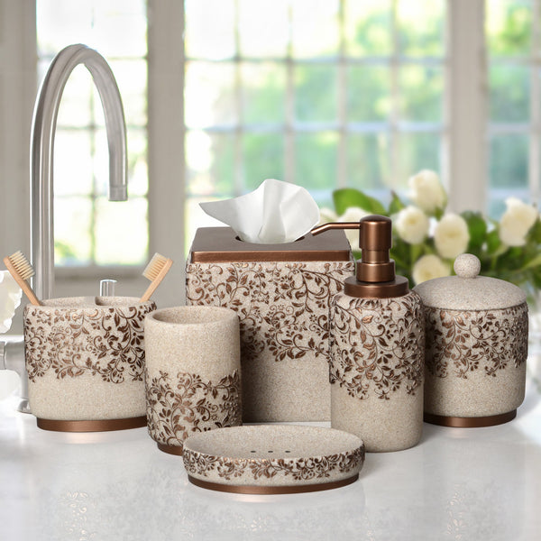 The Beige Stella Collection – Elegant Modern Bathroom Décor Accessories Set of 6 Decozen