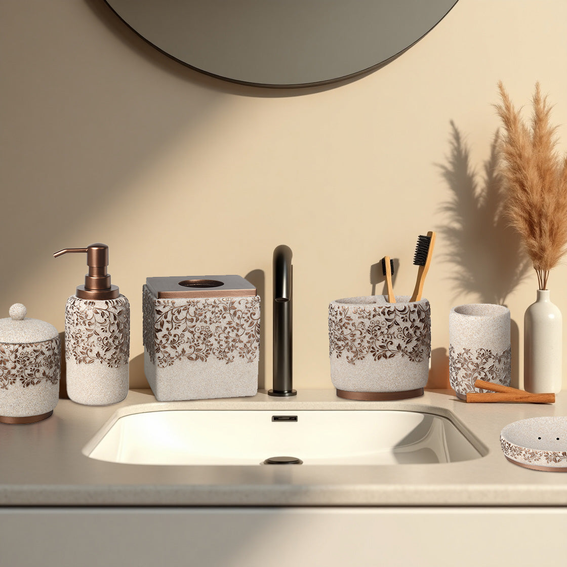 The Beige Stella Collection – Elegant Modern Bathroom Décor Accessories Set of 6 Decozen