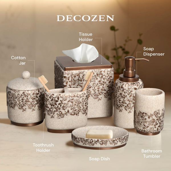 The Beige Stella Collection – Elegant Modern Bathroom Décor Accessories Set of 6 Decozen
