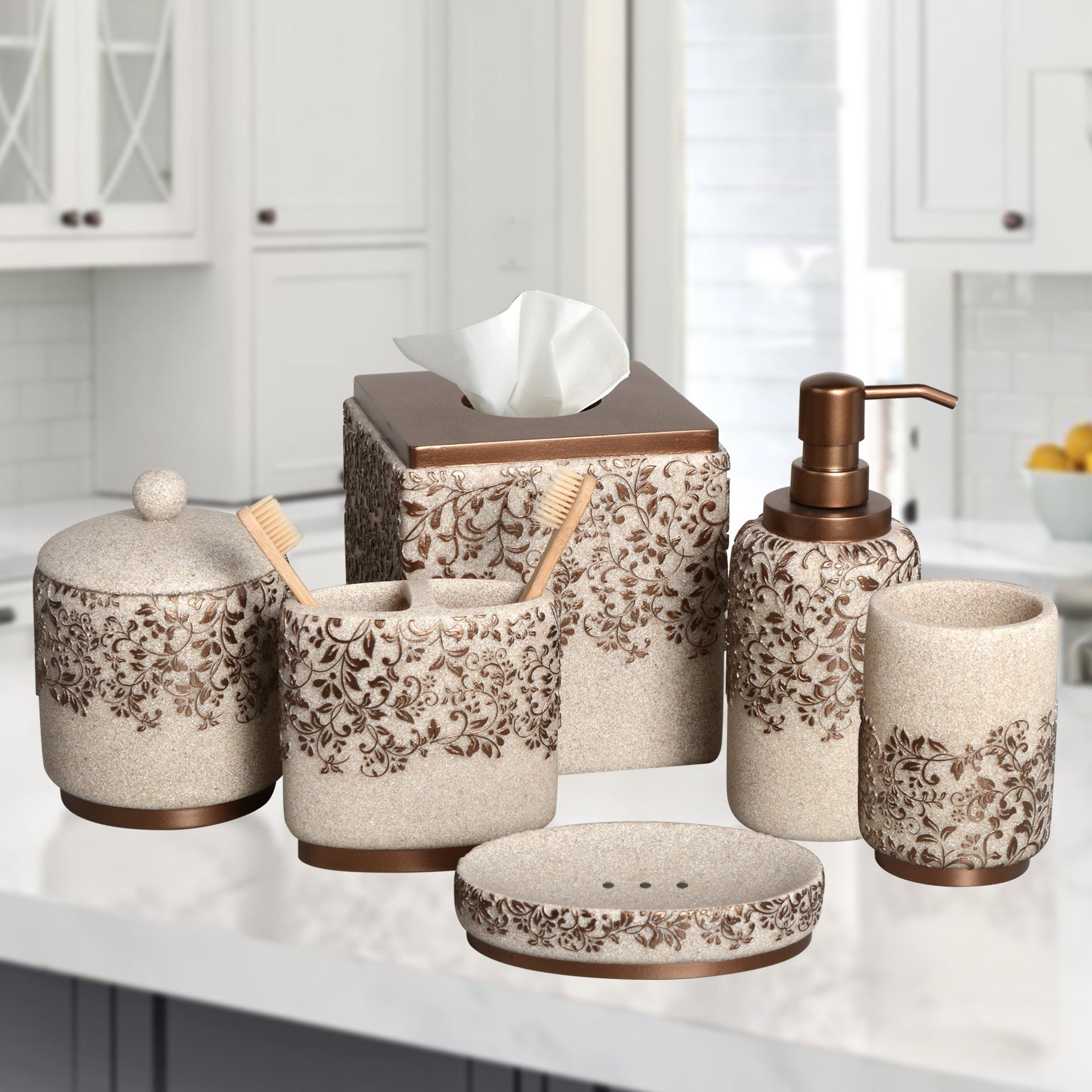 The Beige Stella Collection – Elegant Modern Bathroom Décor Accessories Set of 6 Decozen