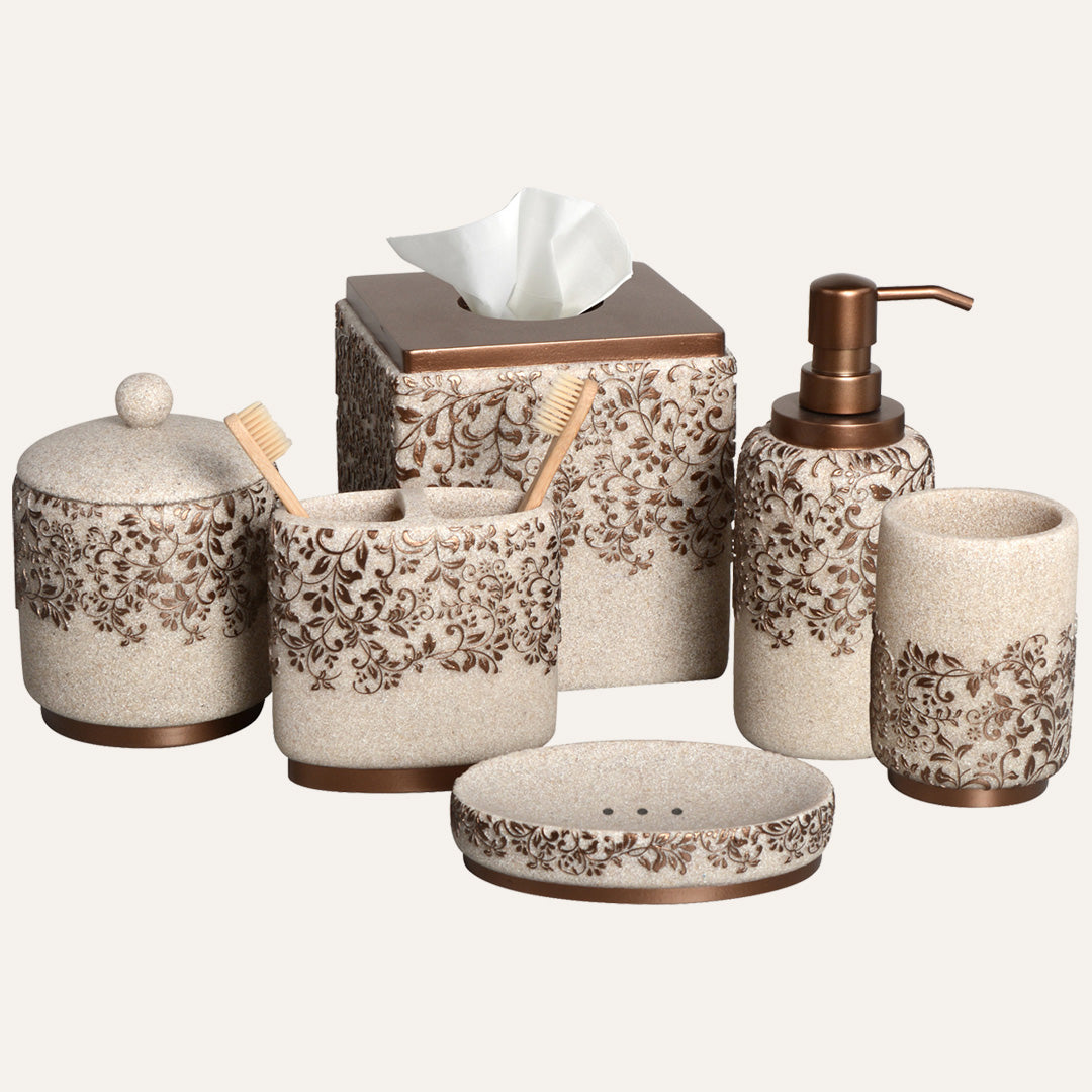 The Beige Stella Collection – Elegant Modern Bathroom Décor Accessories Set of 6 Decozen