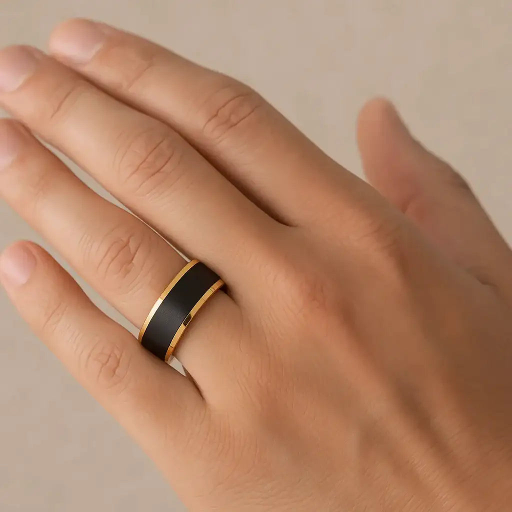 GASTON Gold Plated Tungsten Polished Beveled Ring with Brushed Black Center - 6mm 8mm