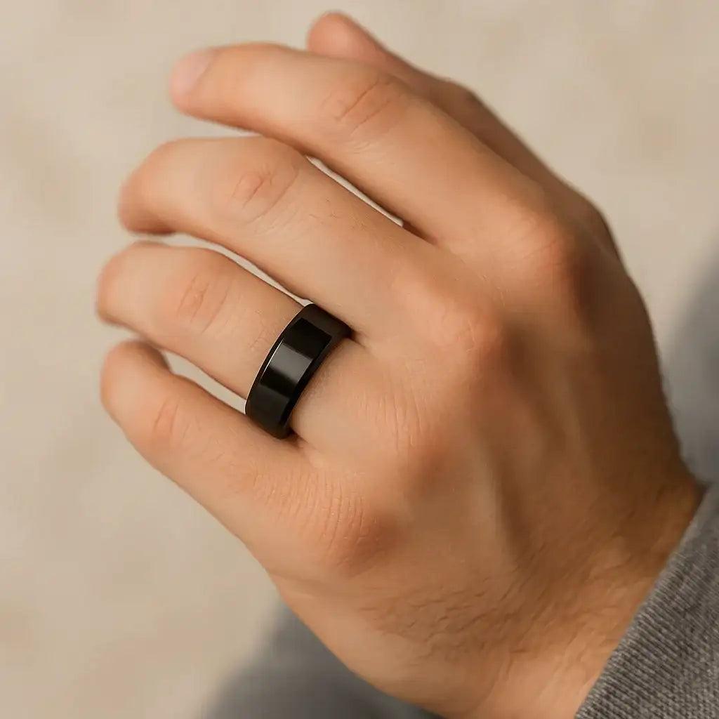 EXODUS Black Titanium Wedding Ring with Beveled Edges - 8mm