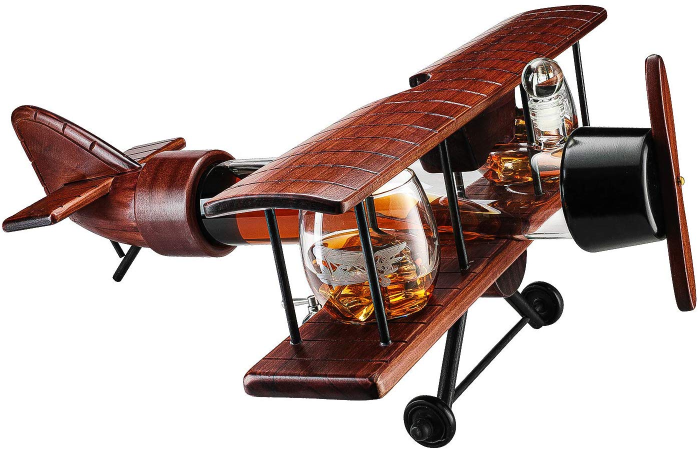 Whiskey & Wine Decanter Airplane Set and Glasses Antique Wood Airplane - The Wine Savant Whiskey Gift Set and 2 Airplane Glasses, Pilot Gift Moving Parts- Alcohol Related Gift, BAR DECOR Large 21