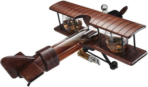 Whiskey & Wine Decanter Airplane Set and Glasses Antique Wood Airplane - The Wine Savant Whiskey Gift Set and 2 Airplane Glasses, Pilot Gift Moving Parts- Alcohol Related Gift, BAR DECOR Large 21