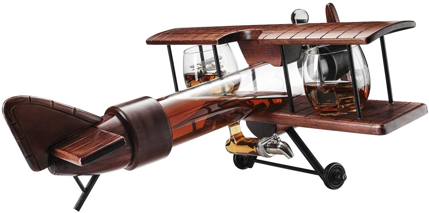 Whiskey & Wine Decanter Airplane Set and Glasses Antique Wood Airplane - The Wine Savant Whiskey Gift Set and 2 Airplane Glasses, Pilot Gift Moving Parts- Alcohol Related Gift, BAR DECOR Large 21