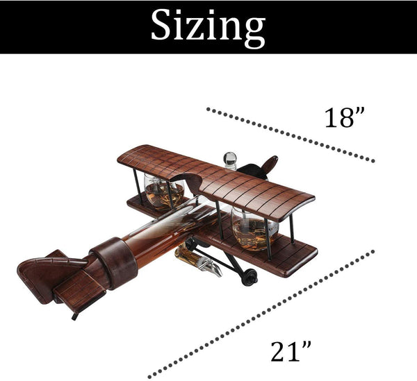 Whiskey & Wine Decanter Airplane Set and Glasses Antique Wood Airplane - The Wine Savant Whiskey Gift Set and 2 Airplane Glasses, Pilot Gift Moving Parts- Alcohol Related Gift, BAR DECOR Large 21