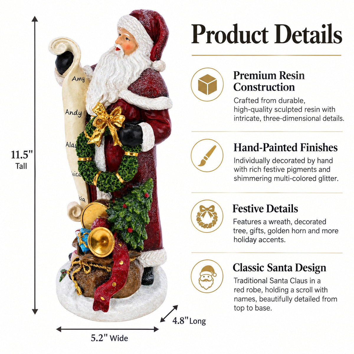 Santa Reading Christmas Gift List Figurine - Winter Holiday Decor 11.5 Inches